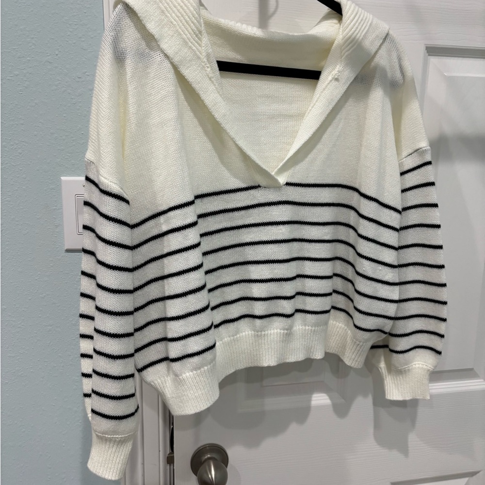 SHEIN Black and White Striped V-Neck Sweater